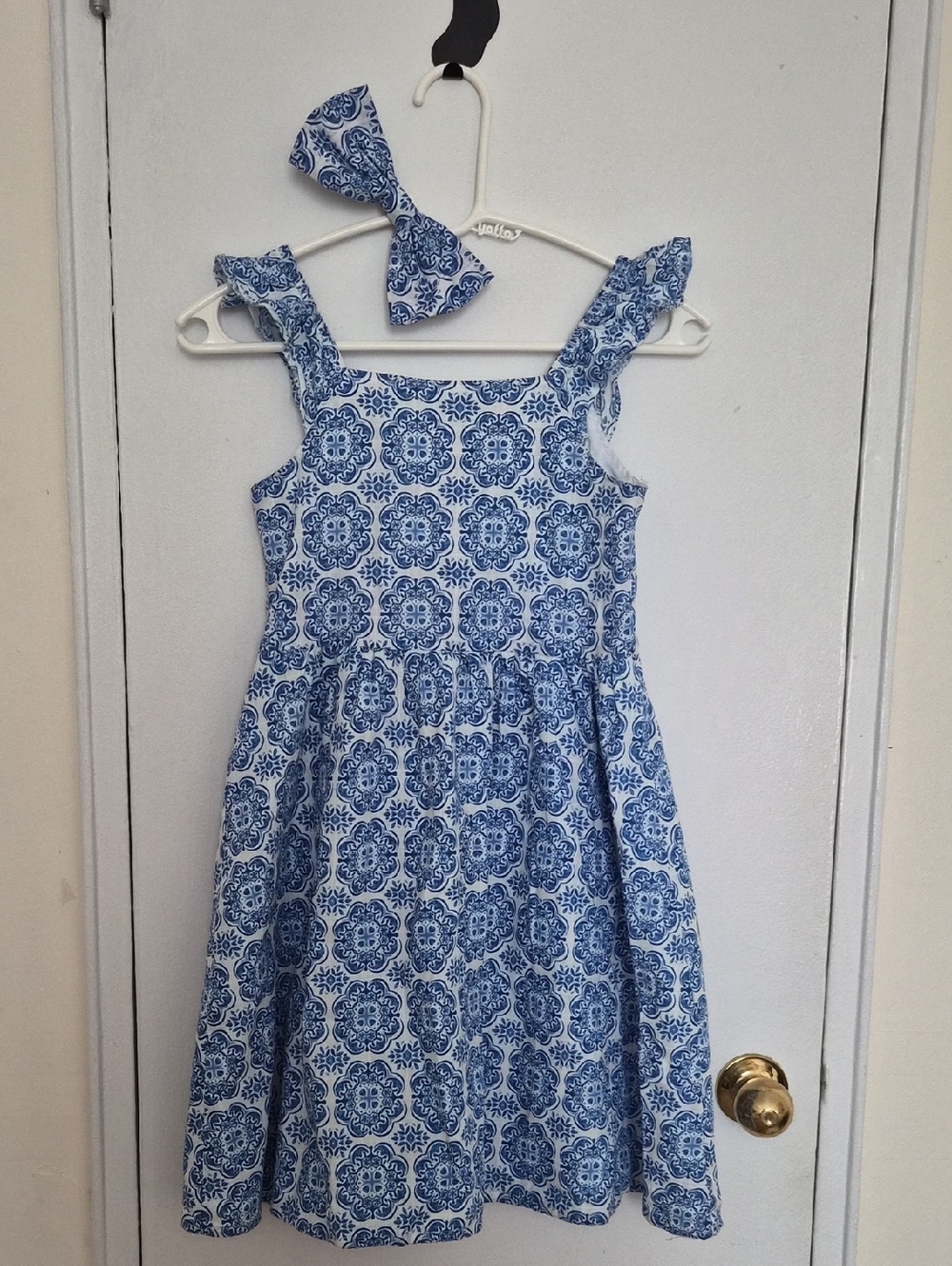 Paisley Lane Girls' Blue White Ruffled Sleeveless Dress Hair Bow Set Size 12